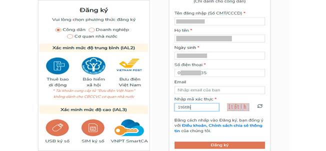 ​Bước 1 và 2: Chọn phương thức đăng ký và nhập thông tin.